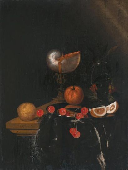 LOEDING Harmen (Leyde vers 1637 -Vers 1673) Nature morte au nautile, orange, cerises,...