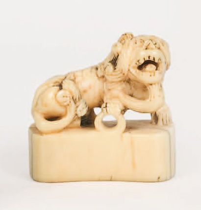 null Netsuke en ivoire patiné représentant un lion assis sur un Mokugyo. Japon, XIXe...