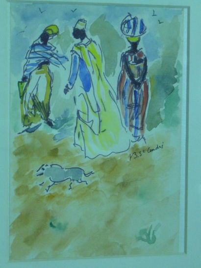 BERTHOMME-SAINT-ANDRE Louis (1905-1977) Trois Africains, feutre et aquarelle, signé...