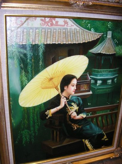 Ecole Moderne Jeune asiatique sous une ombrelle, peinture sur toile, 61 x 50 cm.