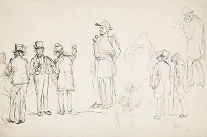 DEHODENCQ Alfred, 1822-1882 Feuille d'étude de personnages: hommes en discussion,...