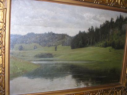 ISENBART Emile (1846-1921) Lac de montagne, huile sur papier marouflé sur toile,...