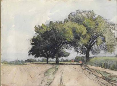 LEPÈRE Auguste Louis, 1849-1918 Champs aux trois arbres, Crèvecoeur, 1912, aquarelle...
