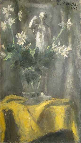 DÉZIRÉ Henri, 1878-1965 Bouquet et statue, 1929, huile sur toile, signée et datée...