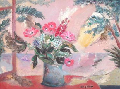 SCHMIDT Robert G. (Né en 1923) Fenêtre au bouquet, huile sur toile, signée en bas...