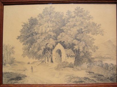 BÉRANGER Jean-Baptiste Émile, 1814-1883 Chapelle au bord du chemin, mine de plomb,...