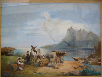 ÉCOLE SUISSE, XIXème siècle Paysans et troupeau au bord du lac, gouache (traces d'humidité),...