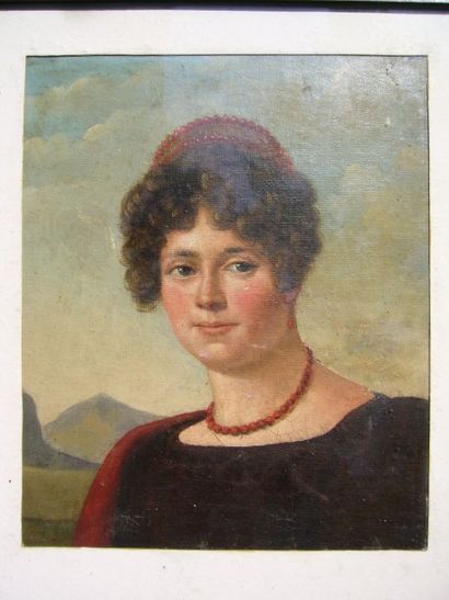 ÉCOLE FRANCAISE, début du XIXème siècle Portrait de femme aux perles rouges, huile...