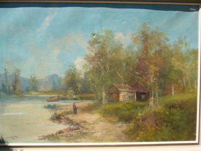 GODCHAUX, XIX-XXème siècle Cabanes près d'un lac, huile sur toile (accidents et traces...