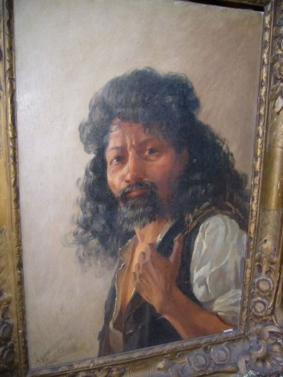 GROSCLAUD A., XIX - XXe siècle Homme barbu au gilet noir, 1908, huile sur toile,...