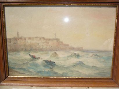 POWELL Lucien Whiting , 1846 -1930 Forte mer devant Jaffa, 1910, aquarelle (trace...