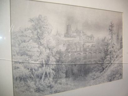 Ecole Moderne La ville de Lausanne, dessin à la mine de plomb, signature en bas à...