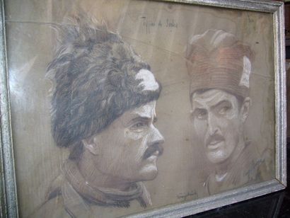 BORGA Eugène (XXème siècle) Types de Serbes, dessin au fusain et rehauts de craie,...