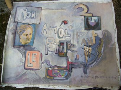 Ecole Moderne Composition, huile et collage sur toile, signature illisible en bas...