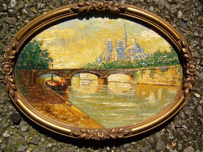 MONNEL L. (XXème siècle) Notre-Dame de Paris vue des quais, huile sur panneau de...