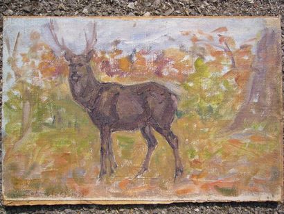 ZUBRITSKY (XXème siècle) Le cerf, huile sur toile marouflée sur carton, signé en...
