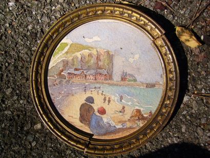 Ecole française début du XXème siècle La plage, aquarelle, non signée, format ovale,...
