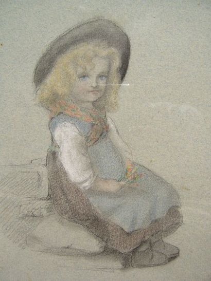 ECOLE XIXème SIECLE Fillette, dessin aux crayons de couleurs, non signé, 25 x 19...