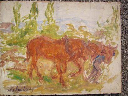 ZUBRITSKY (XXème siècle) Les chevaux de trait, huile sur panneau, signé en bas à...