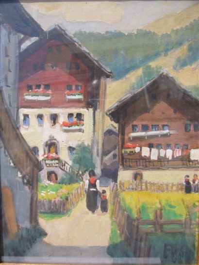 Ecole Moderne Village Suisse, gouache, signature illisible en bas à droite, 22 x...
