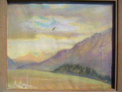 Ecole Moderne Paysage de montagnes, pastel, signature peu lisible en bas à droite,...