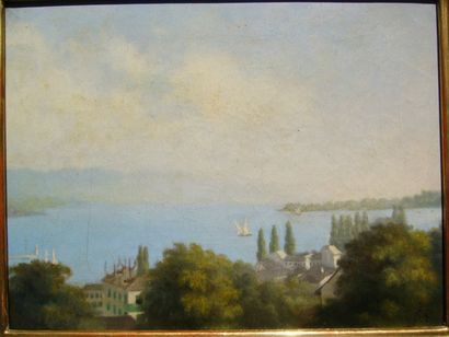ECOLE XIXème SIECLE Vue présumée du lac de Genève, huile sur toile, monogrammée SD...