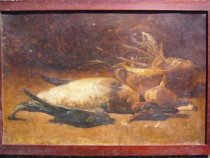 Ecole fin XIXème, début XXème siècle Nature morte aux oiseaux et oignons, huile sur...