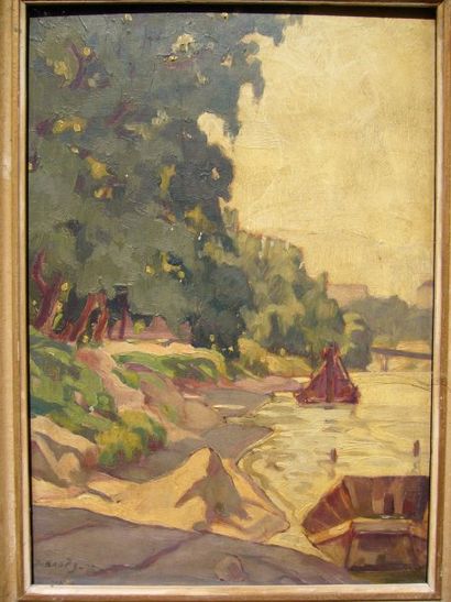 BADES J. (XXème siècle) Bord de fleuve, huile sur panneau, signé en bas à gauche,...