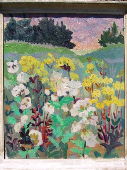 HERITIER Y. (XXème siècle) Parterre de fleurs 1950, huile sur toile, signée en bas...