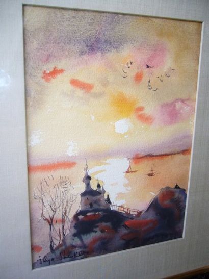 SHENKER Ilya (XXème siècle) Bord de lac, aquarelle, signée en bas à gauche, 30 x...