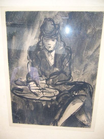 SIMON Jean-Georges (XXème siècle) Femme au chapeau, lavis d'encre, monogrammé en...