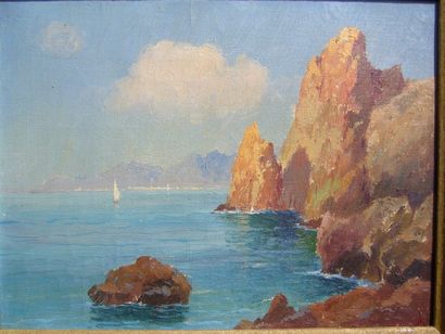 ROM L. (XXème siècle) Rochers rouges en bord de mer, huile sur toile, signée en bas...