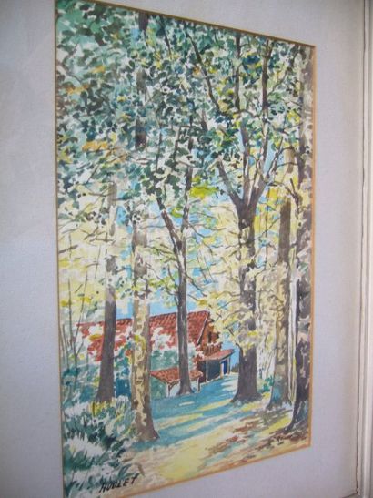 ROULET (XXème siècle) Maison dans un sous bois, aquarelle, signée en bas à gauche,...