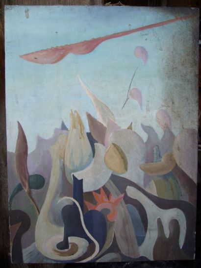 Ecole Moderne Composition, huile sur toile, non signée, 46 x 34 cm. Enfoncement.