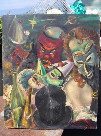 GAVROCHE (XXème siècle) Le carnaval 1947, huile sur isorel, au dos ébauche, signé...