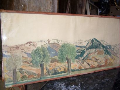 Ecole Moderne Arbres et montagnes, aquarelle, non signée, 28 x 61 cm.