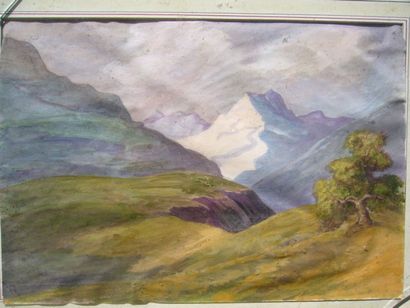 Ecole Moderne Paysage de montagnes, aquarelle et gouache, non signée, 20 x 29,5 ...