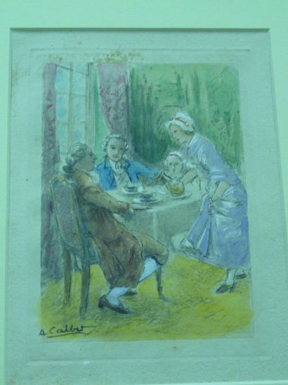 CALBET Albert (XXème siècle) A table, gravure avec rehauts, signée en bas à gauche...