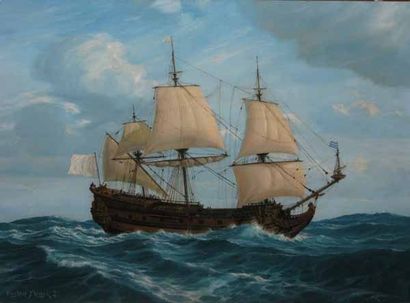 ALAUX Gustave, 1887-1965 Le vaisseau "Le Dragon" (1646-1674), huile sur toile, signée...