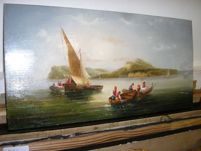 Ecole Moderne Pêcheurs, peinture sur panneau, 20 x 40 cm. Accidents.