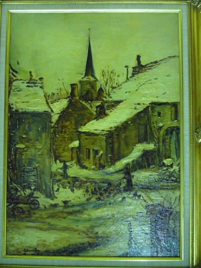 SOURDILLON Berthe (1895-1976) Village sous la neige, huile sur toile, signée en bas...