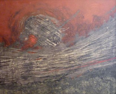 BAQUE, XXe siècle Composition rouge et grise Technique mixte sur panneau, signé en...