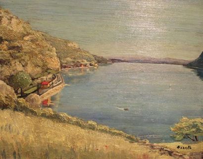 CARIFFA Tonia, née en 1924 Le lac du Bourget Huile sur isorel, 36 x 46 cm