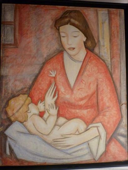 DELAUNAY André, XXe siècle Maternité Technique mixte sur carton (accident), signé...