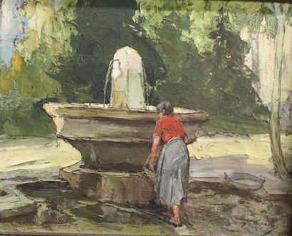 DURANDO-TOGO RICHARD, né en 1910 Femme près de la fontaine Huile sur toile, signée...