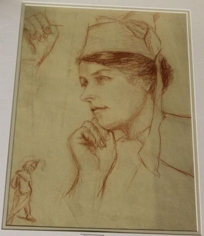 Ecole Moderne Portrait de Bretonne Sanguine sur papier (pliures), non signé, 39x29cm...