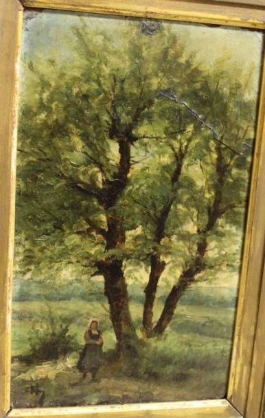 ECOLE XIXe SIÈCLE Jeune paysanne sous un arbre Huile sur carton (craquelures et manques),...