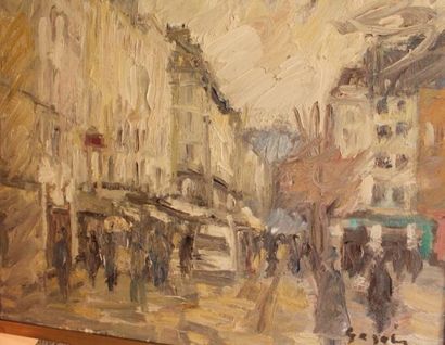 GOGOIS Pierre, né en 1935 Rue animée Huile sur toile, signée en bas à droite, 46...