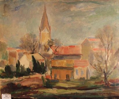 KOHL Pierre-Ernest, 1887-1985 Vue de village, 1930 Huile sur carton (quelques accidents),...