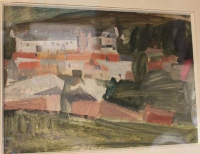 LAMBERT Henriette, née en 1925 Vue de village Huile sur papier, signé en bas à droite,...